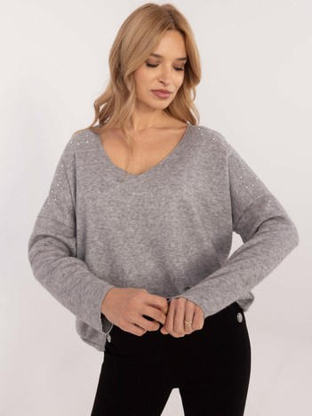 Hurtownia Szary damski sweter oversize z dekoltem V