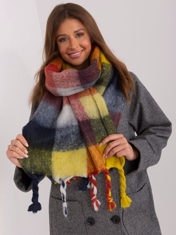 Hurt Żółto-granatowy damski szal z frędzlami
