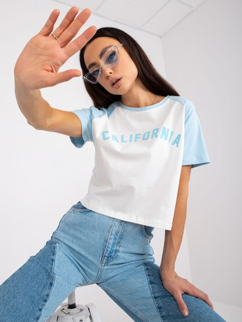 Biało-niebieski krótki t-shirt z nadrukiem z bawełny 