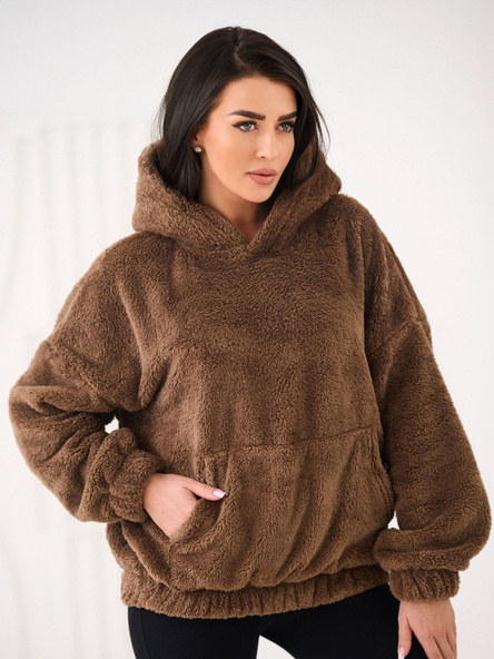 Tmavě béžová mikina s kapucí typu kangaroo.