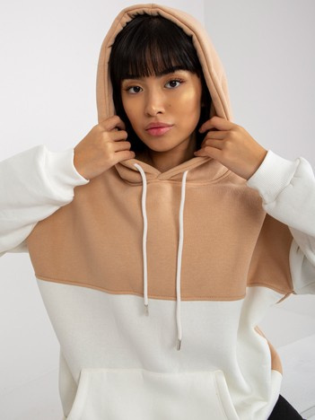 Hurt Beżowo-ecru dresowa bluza basic z kapturem RUE PARIS 