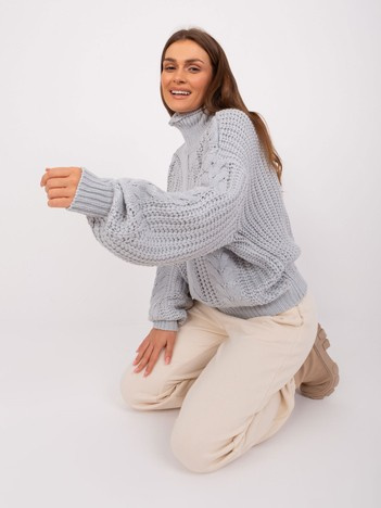 Großhandel Grauer Damen Oversize-Pullover mit Rollkragen.