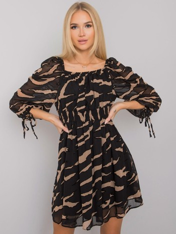 Schwarz-beige Off-Shoulder-Kleid mit Drucken von Philippi.