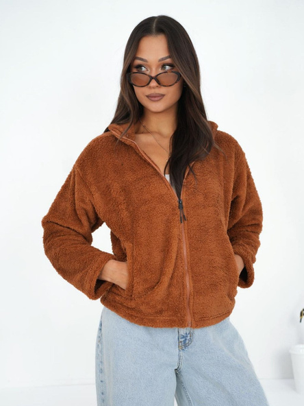 Hellebraune Damenjacke mit Reißverschluss aus Teddy.