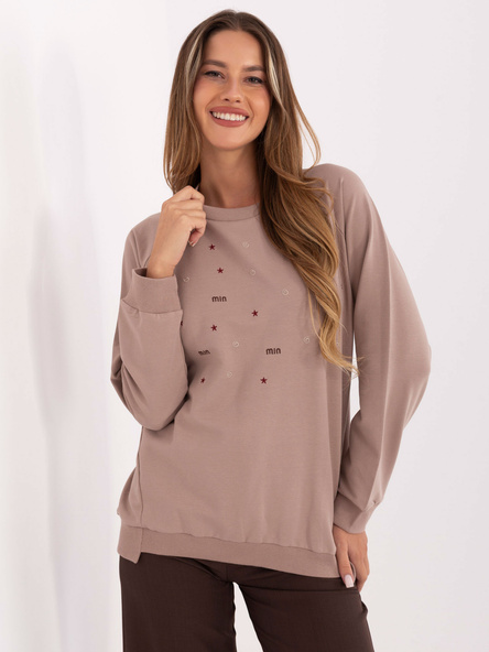 Dunkelbeige Damenpullover mit Stickerei.