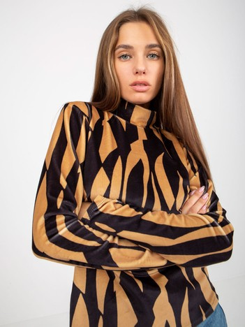 Hurt Camel-farbene schwarze Veloursbluse mit Druck RUE PARIS.