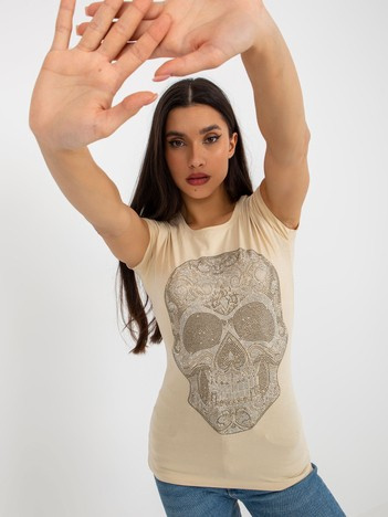 Großhandel Beige enganliegendes T-Shirt mit Applikation aus Nieten.