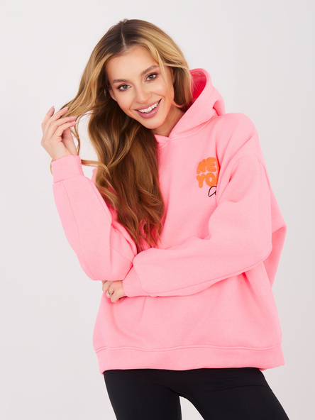 Fluo rosa Damenpullover mit erhabenen Schriftzügen.