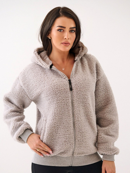 Hellegraue Damenjacke aus Fleece mit Taschen.