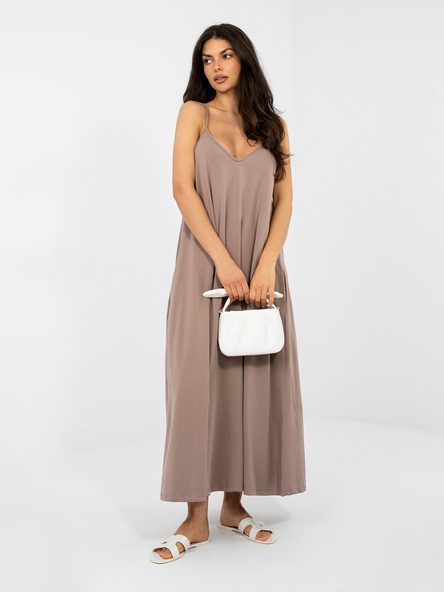 Dunkelbeige Sommerkleid mit V-Ausschnitt RUE PARIS.