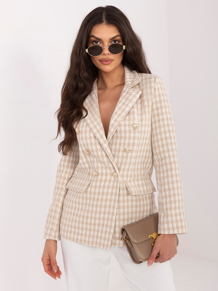 Beige elegante Jacke in Hahnentrittmuster.