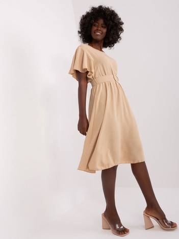 Großhandel Beige Kleid für den Alltag mit Rundhalsausschnitt.