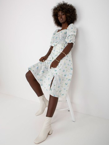 Großhandel Weiß-blau Midi-Kleid mit Prints und Schlitz.