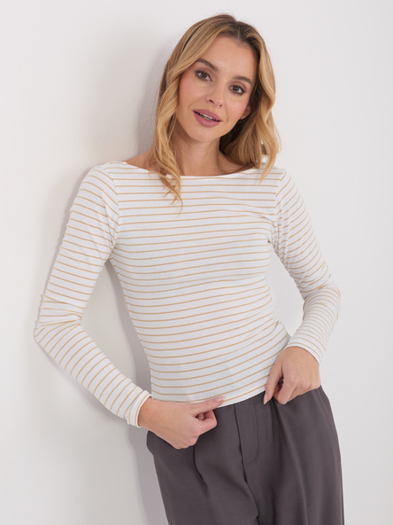 Ecru-beige taillierte Bluse mit Streifen.