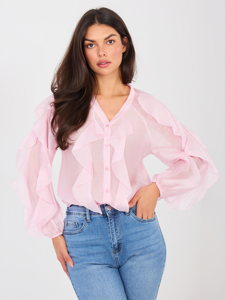 Helle rosa halbtransparente Bluse mit V-Ausschnitt.