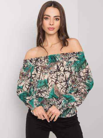 Grün-beige Bluse im spanischen Stil mit Rouen-Drucken.