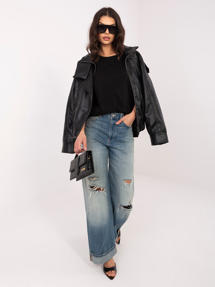 Schwarzes Basic-T-Shirt mit Rundhalsausschnitt RUE PARIS.