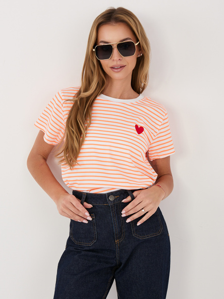 Weiß-orange Damen-T-Shirt aus Baumwolle.
