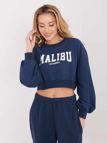 Dunkelblaue kurze Sweatshirt ohne Kapuze.
