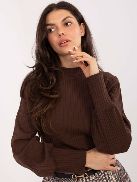 Schokoladenfarbene Basic-Bluse mit Puffärmel RUE PARIS.