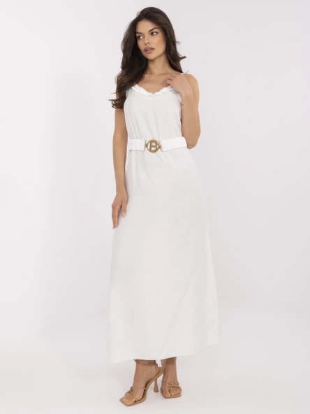 Ecru lange Kleid mit Gürtel.