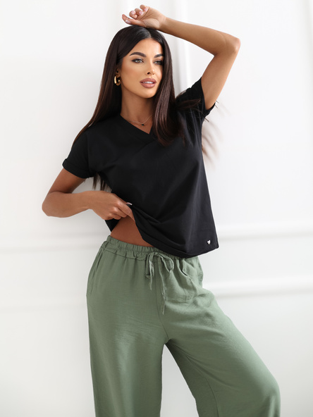 Schwarzes einfarbiges Basic-T-Shirt mit V-Ausschnitt Severine.
