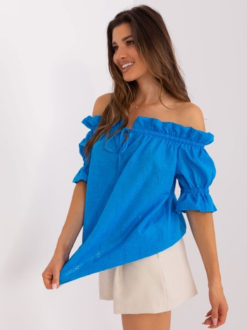 Hurt blaue Baumwollbluse im Off-Shoulder-Stil.