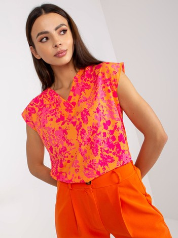 Orange-rosa ärmellose Bluse mit Druck RUE PARIS.