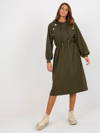 Hurt Khaki Midi A-Linien Kleid aus Sweatstoff mit Knöpfen.