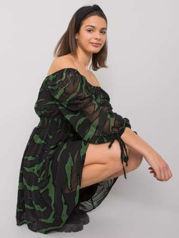 Schwarz-grünes Off-Shoulder-Kleid mit Drucken von Philippi.