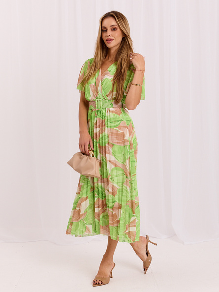 Beige-grüne Midi-Kleid One Size mit Falten.
