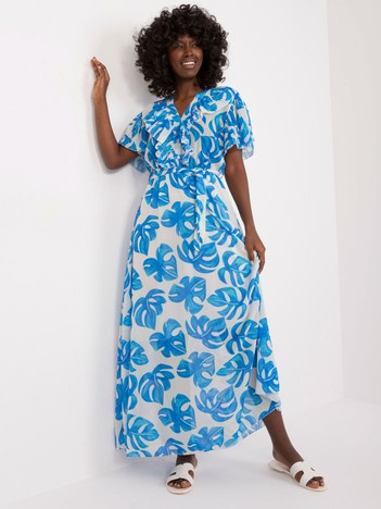 Hurt Ecru-blaue Kleid mit Rüschen am Ausschnitt.