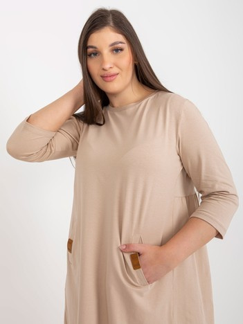 Hurt Dark Beige Plus Size Mini Dress with 3/4 Sleeve Dalenne