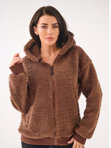Brown women's fleece sweatshirt with a zipper.