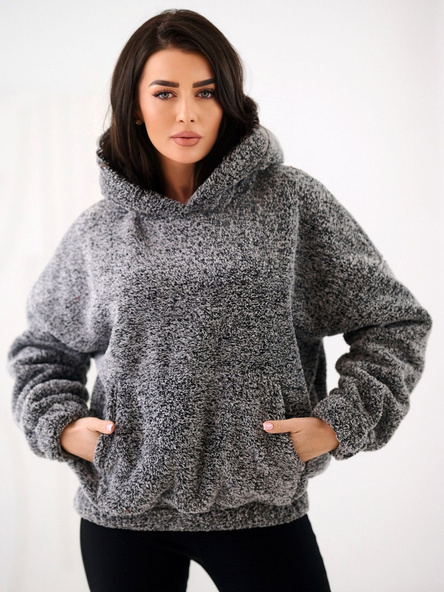 Dark gray women's teddy sweatshirt with pocket.