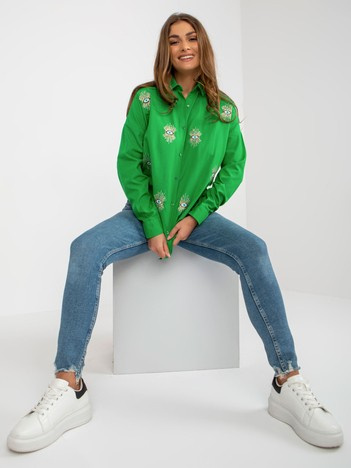 Wholesale Green oversized button-up shirt with embroidery.