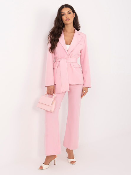 Light pink women's suit with a tied belt.
