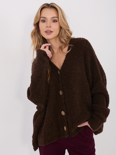 Dark brown boucle sweater with button closure.