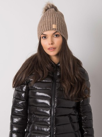 Dark beige padded women's hat with pompom