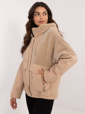 Online wholesale Camel transitional jacket with a hood.