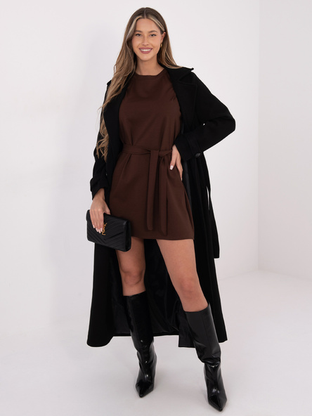 Brown short dress with a tied belt.