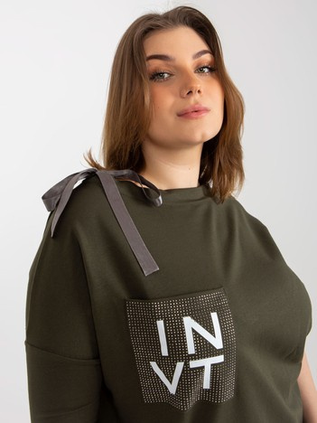 Wholesale Khaki blouse plus size with appliqué and tie.