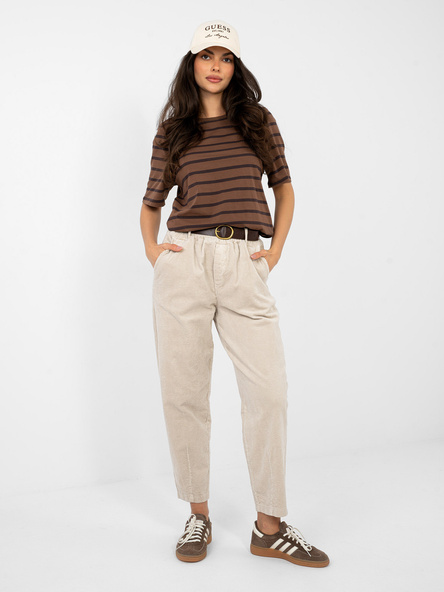 Beige women's carrot trousers made of corduroy.