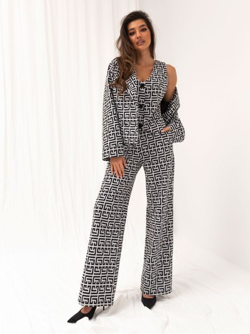 Hurt gray-black double-breasted blazer in geometric pattern.
