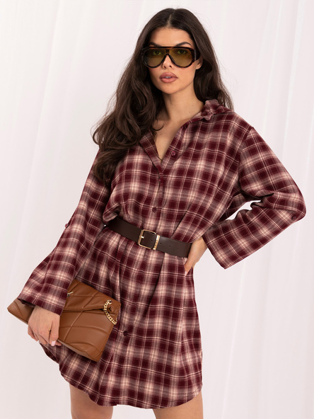 Burgundy checked shirt dress with an asymmetrical hem.