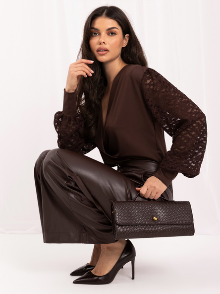 Chocolate elegant bodysuit with lace sleeves.