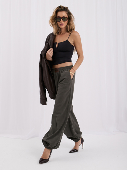 RUE PARIS Khaki oversized corduroy pants with a patch.