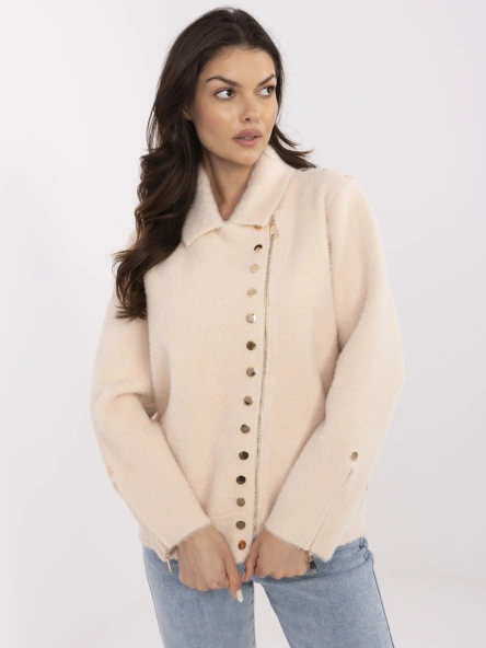 Light beige alpaca jacket with decorative snaps.