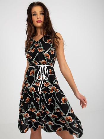 Wholesale Black linen dress with flowers and ruffle.
