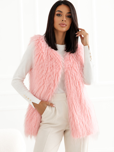 "Light pink fur vest with pockets."